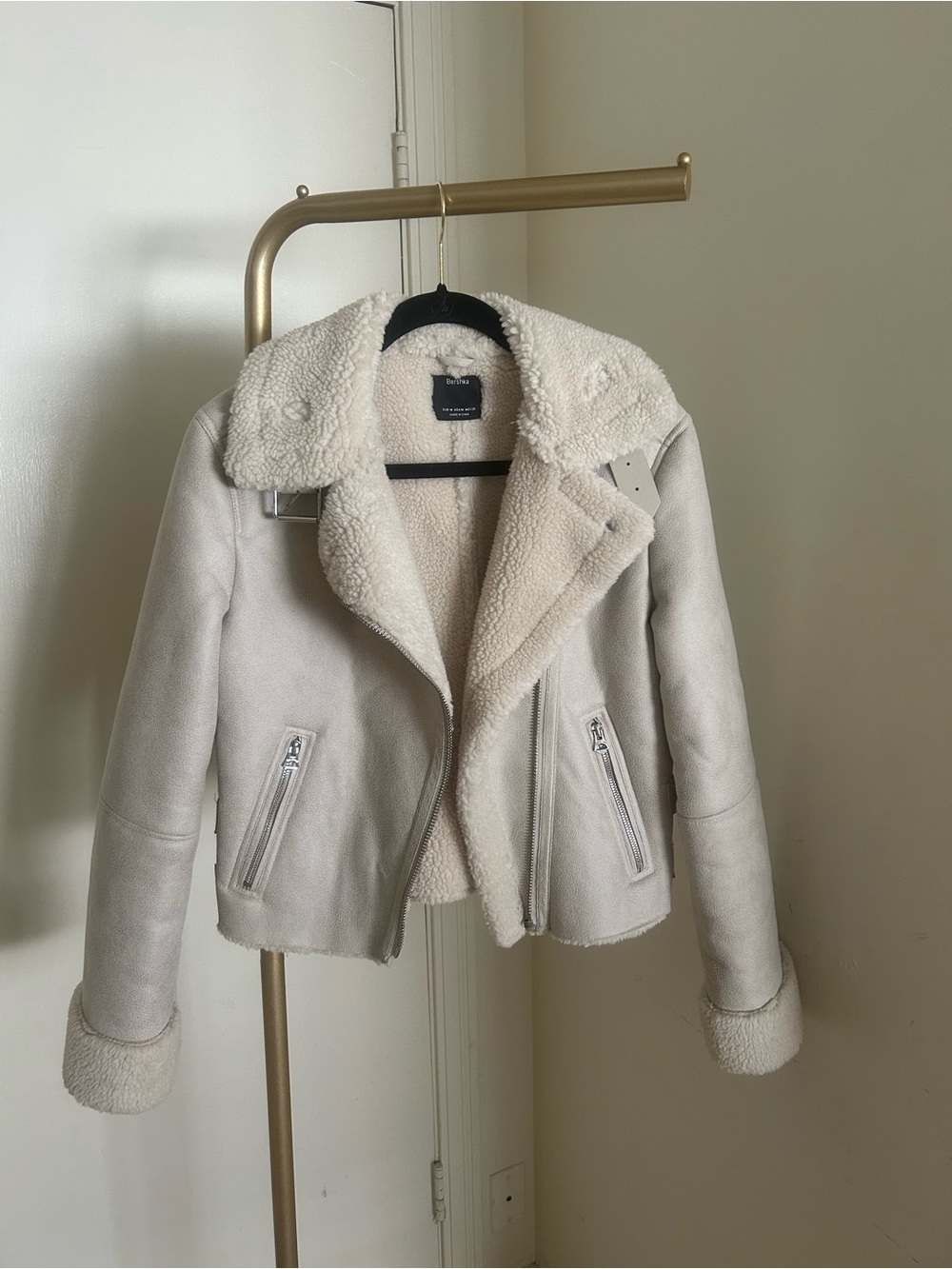Bershka Cream Sherpa Faux Suede Moto Jacket Shearling Biker Coat Size M - Picture 2 of 10